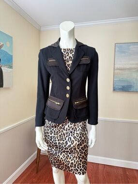 Cache Black Tailored Blazer with Gold Buttons and Zip-Pocket Accents
